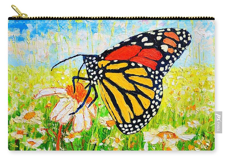 Butterfly Zip Pouch featuring the painting Royal Monarch Butterfly In Daisies by Ana Maria Edulescu