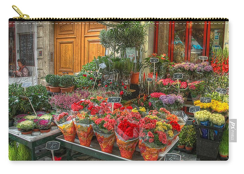 Paris Zip Pouch featuring the photograph Rue Cler Flower Shop by Michael Kirk