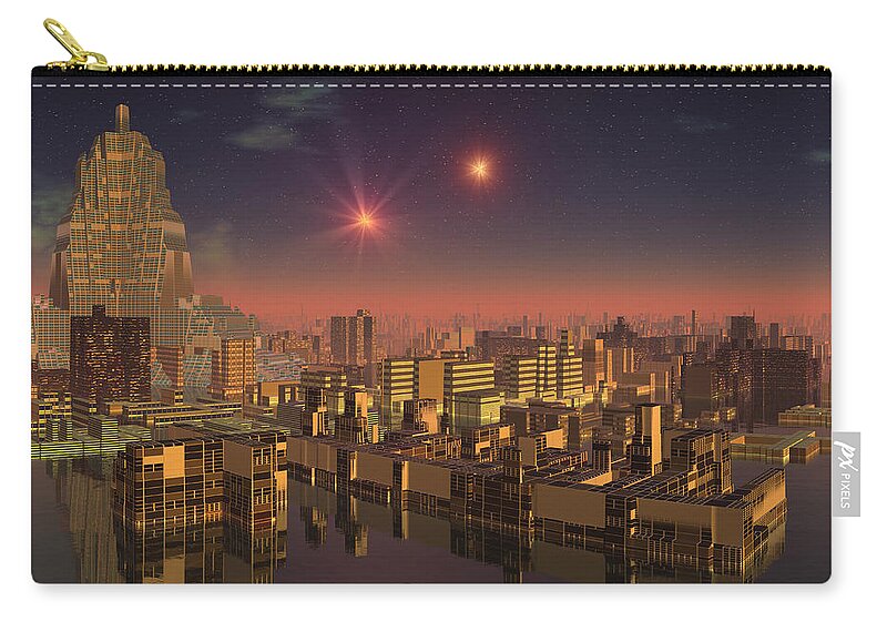 Sci Fi Zip Pouch featuring the digital art Rujjipet Sunset Alien Cityscape by Judi Suni Hall