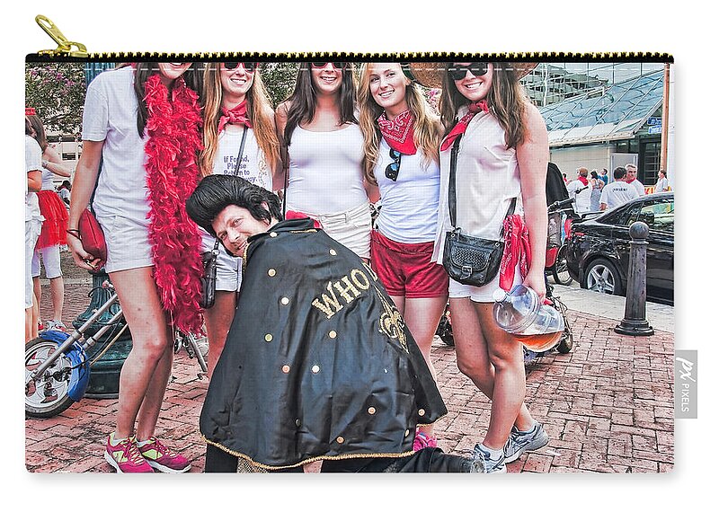 Women Zip Pouch featuring the photograph Runners and Elvis Who Dat at Running of the Bulls New Orleans by Kathleen K Parker