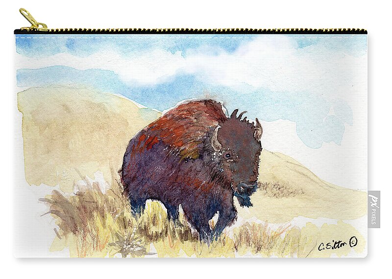 C Sitton Painting Paintings Zip Pouch featuring the painting Running Buffalo by C Sitton
