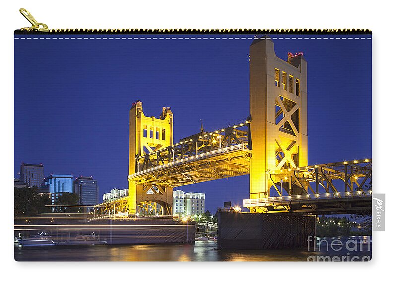Sacramento Zip Pouch featuring the photograph Sacramento River and Tower Bridge raised at dusk by Ken Brown