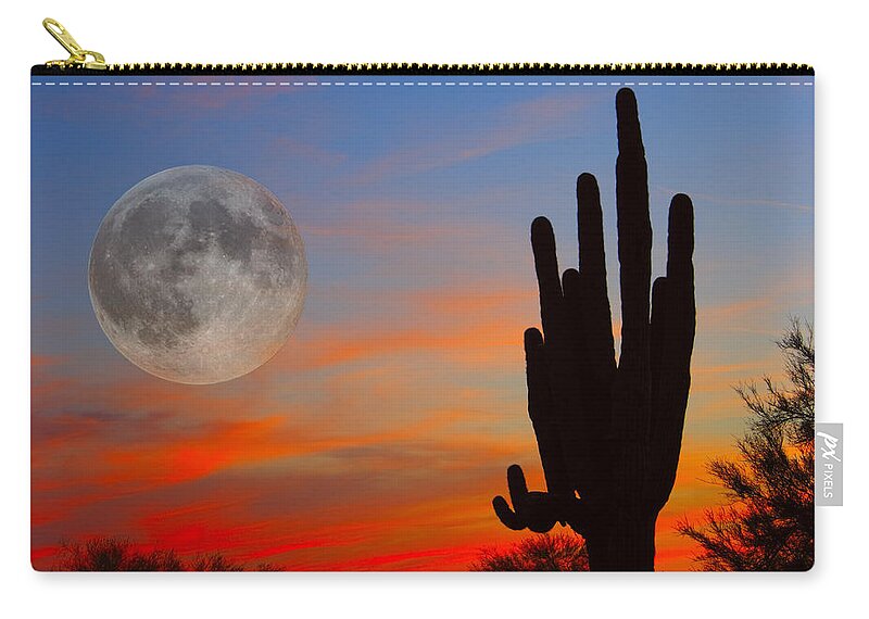 Sunrise Zip Pouch featuring the photograph Saguaro Full Moon Sunset by James BO Insogna