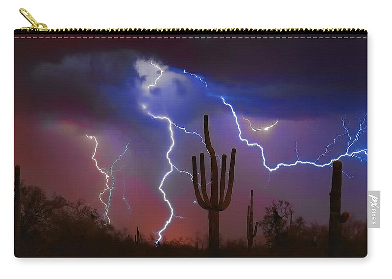 Saguaro Zip Pouch featuring the photograph Saguaro Lightning Nature Fine Art Photograph by James BO Insogna