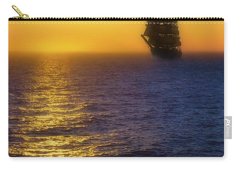Sailing Ship Zip Pouch featuring the photograph Sailing out of the Fog at Sunrise by Jason Politte