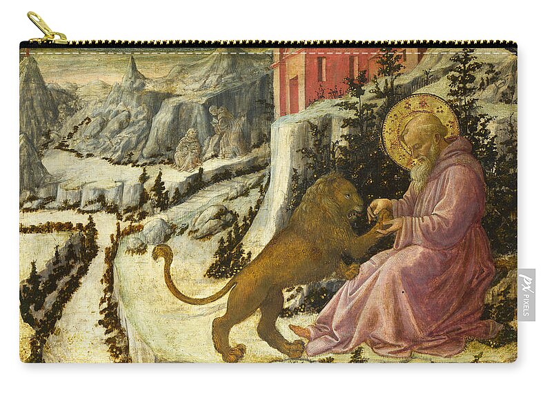 Fra Filippo Lippi And Workshop Zip Pouch featuring the painting Saint Jerome and the Lion - Predella Panel by Fra Filippo Lippi and Workshop