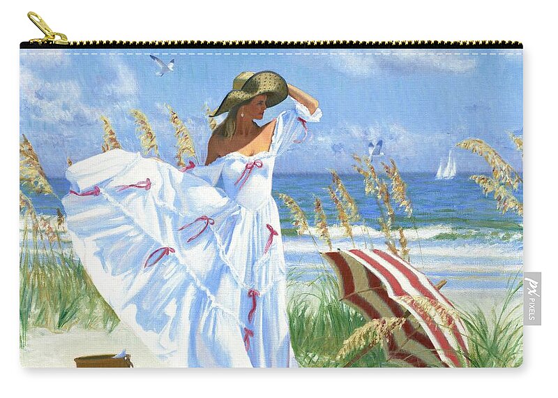 Woman On Beach Zip Pouch featuring the painting Salt Aire Blues by Candace Lovely