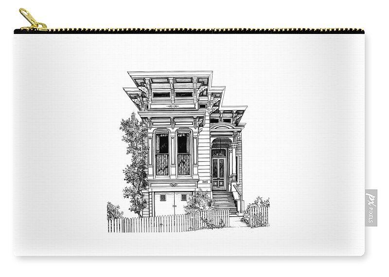 Pen And Ink Zip Pouch featuring the drawing San Fracisco Victorian2 by Mary Palmer