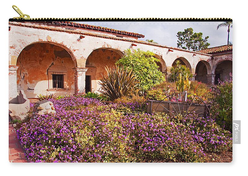 California Zip Pouch featuring the photograph San Juan Capistrano Mission Flower Garden by A Macarthur Gurmankin