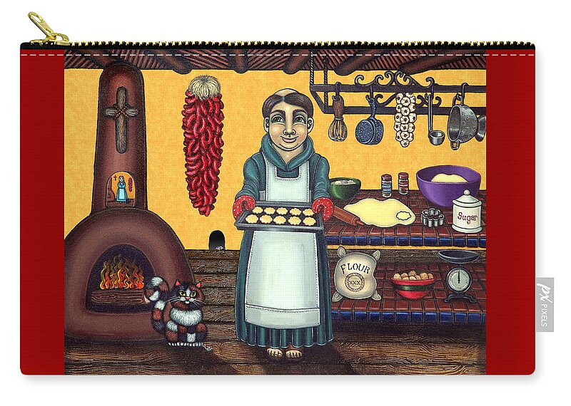 Folk Art Carry-all Pouch featuring the painting San Pascual Making Biscochitos by Victoria De Almeida