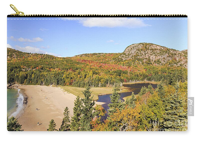 Acadia Zip Pouch featuring the photograph Sand Beach and The Beehive in Autumn Acadia National Park by Ken Brown