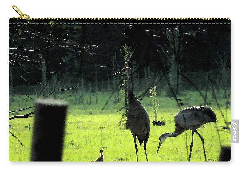 Sandhill Zip Pouch featuring the painting Sandhill Cranes and the First Chick of Spring by George Pedro