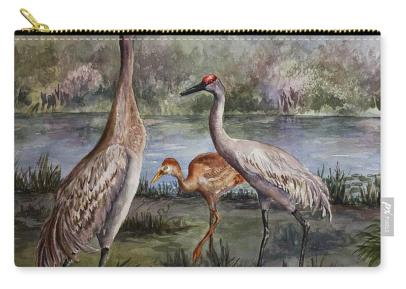 Sandhill Cranes Zip Pouch featuring the painting Sandhill Cranes On Alert by Roxanne Tobaison