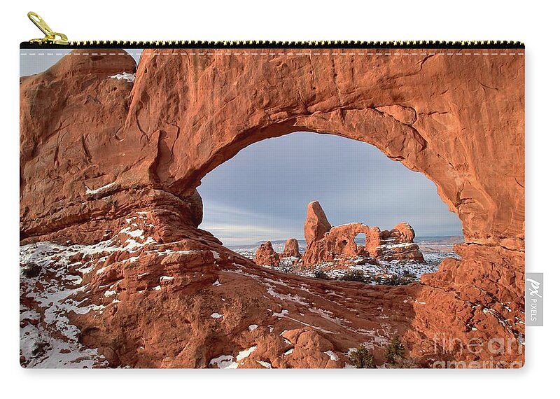Turret Arch Zip Pouch featuring the photograph Sandstone Arch Window by Adam Jewell