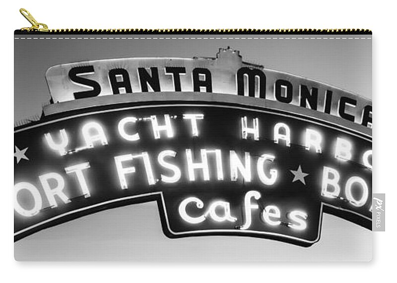 America Zip Pouch featuring the photograph Santa Monica Pier Sign Panoramic Black and White Photo by Paul Velgos