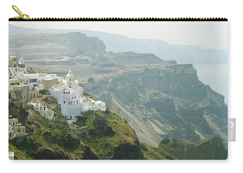 Santorini Greece Cliff Top White Buildings Carry-all Pouch featuring the photograph Santorini by Susie Rieple