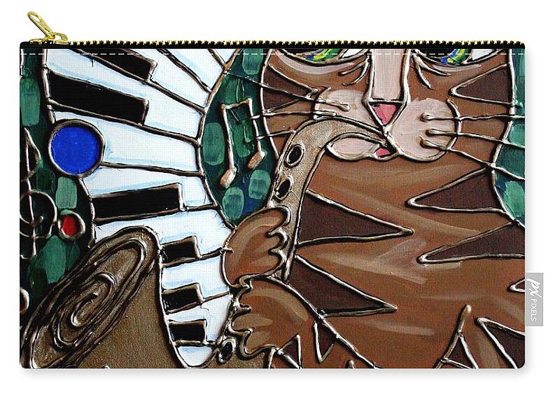 Cat Zip Pouch featuring the painting Sax Cat by Cynthia Snyder