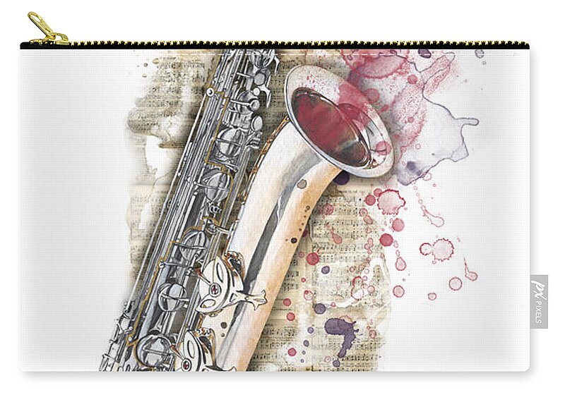 Jazz Zip Pouch featuring the painting Saxophone 01 - Elena Yakubovich by Elena Daniel Yakubovich