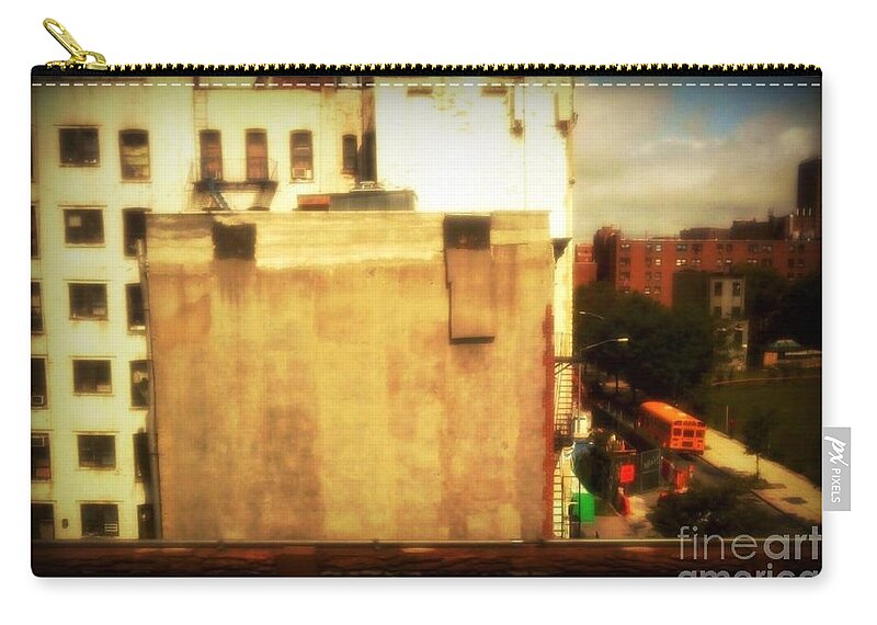 New York Zip Pouch featuring the photograph School Bus with White Building by Miriam Danar