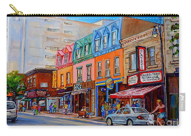 Montreal Zip Pouch featuring the painting Schwartzs Deli Montreal Street Scene by Carole Spandau