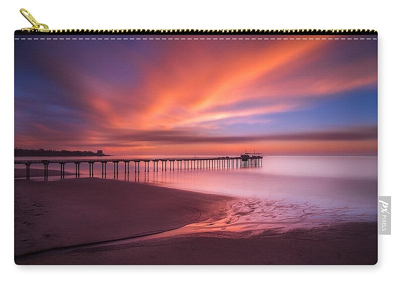 California; Long Exposure; Ocean; Reflection; San Diego; Seascape; Sky; Sunset; Surf; Clouds; Waves Zip Pouch featuring the photograph Scripps Pier Sunset by Larry Marshall