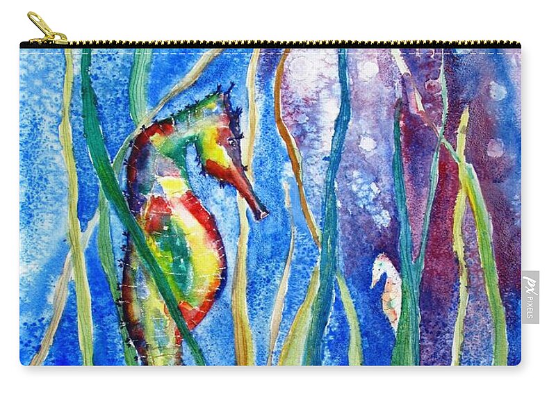 Seahorse Zip Pouch featuring the painting Seahorse and Shells by Carlin Blahnik CarlinArtWatercolor