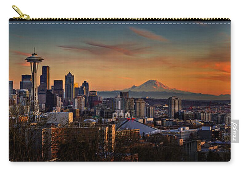 Skyline Zip Pouch featuring the photograph Seattle Sunset Panorama by Mary Jo Allen
