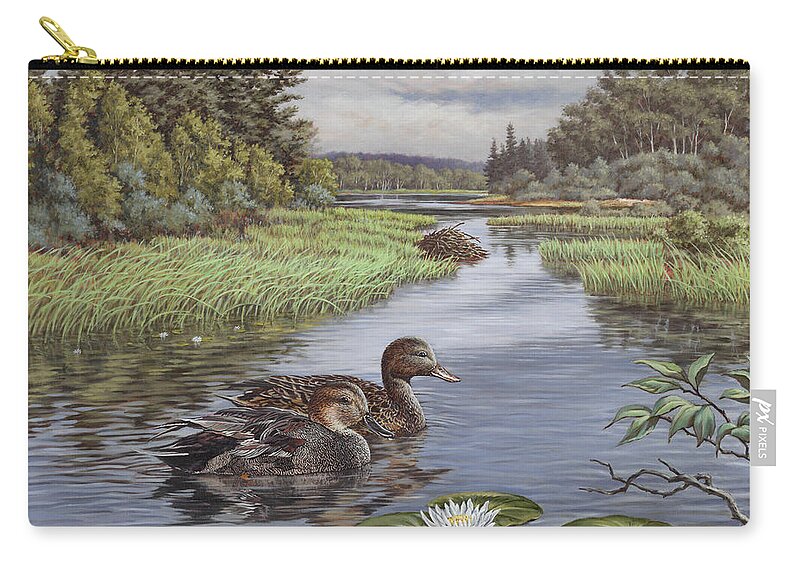Gadwall Zip Pouch featuring the painting Secluded Rendezvous by Richard De Wolfe