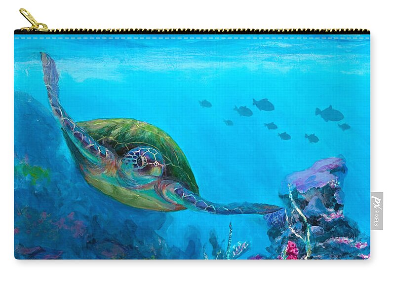 Hawaii Carry-all Pouch featuring the painting Secret Sanctuary - Hawaiian Green Sea Turtle and Reef by K Whitworth