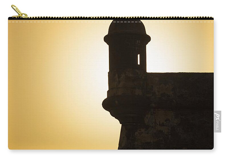 Agefotostock Zip Pouch featuring the photograph Sentry Box at Sunset at El Morro Fortress in Old San Juan by Bryan Mullennix