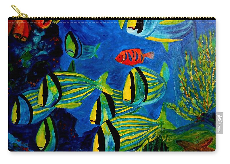 Fish Zip Pouch featuring the painting Serious Stripes - Colorful fish by Julie Brugh Riffey