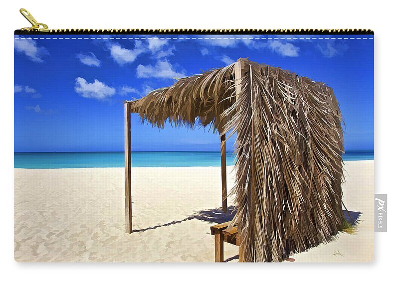 Seascape Zip Pouch featuring the photograph Shelter on a White Sandy Caribbean Beach with a Blue Sky and White Clouds by David Letts