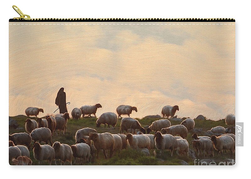 Sheep Art Zip Pouch featuring the painting Shepherd With Sheep standard size by Constance Woods