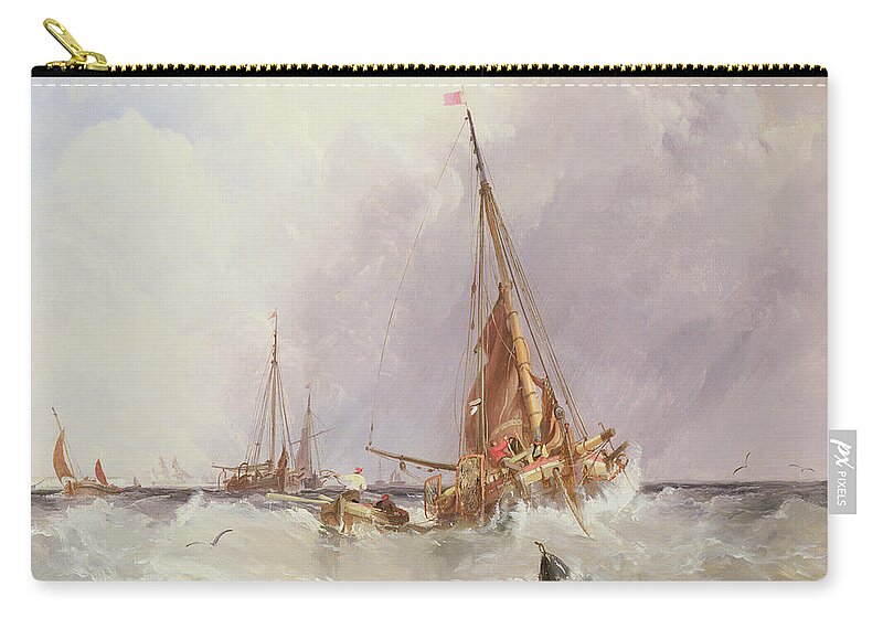 Sea; Ocean; Ship; Boat; Sail; Sailing; Coast; Coastal; Storm; Stormy; Wave Zip Pouch featuring the painting Shipping in the Solent 19th century by George the Elder Chambers