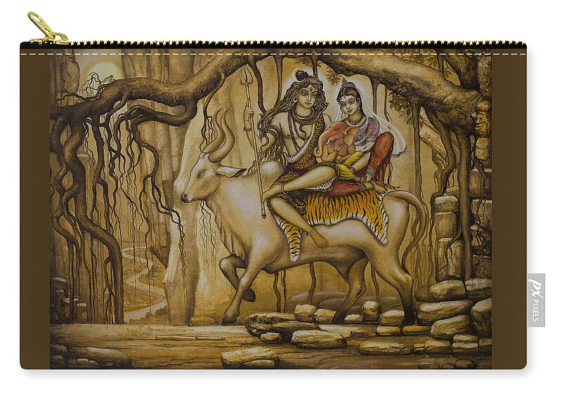 Shiva Carry-all Pouch featuring the painting Shiva Parvati Ganesha by Vrindavan Das