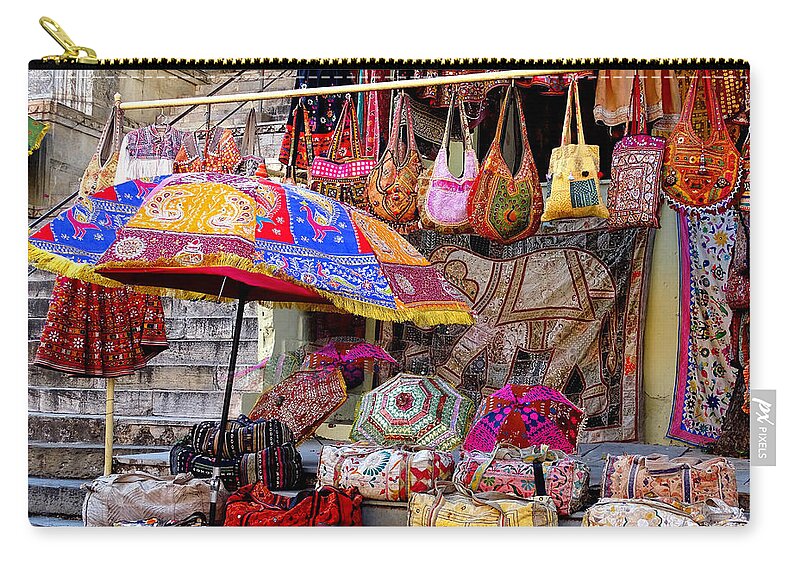 Shopping Zip Pouch featuring the photograph Shopping Colorful Bags Sale Jaipur Rajasthan India by Sue Jacobi