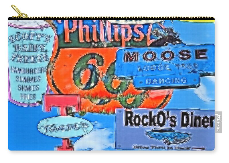 Phillips 66 Zip Pouch featuring the digital art Signs in and around NOrth Bend by Cathy Anderson