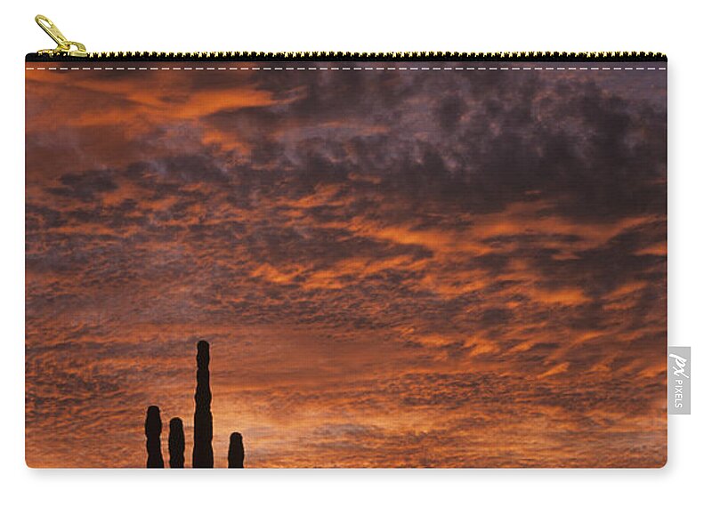 American Southwest Zip Pouch featuring the photograph Silhouetted saguaro cactus sunset at dusk with dramatic clouds by Jim Corwin
