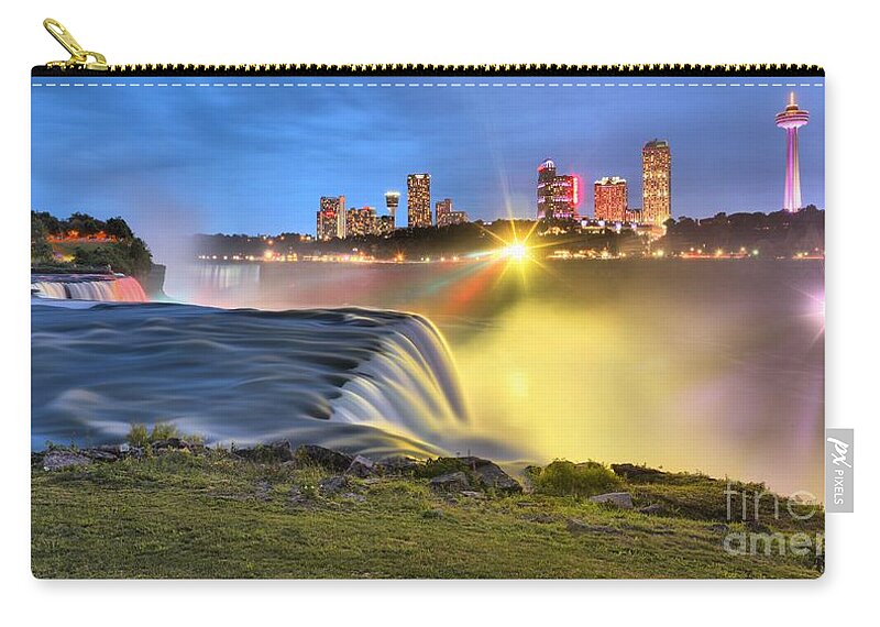 Niagara Falls Zip Pouch featuring the photograph Silky Niagara Falls Panoramic Sunset by Adam Jewell