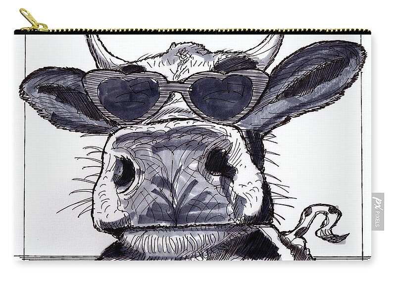 Cow Zip Pouch featuring the drawing Silly Cow From Vermont by Richard Wambach