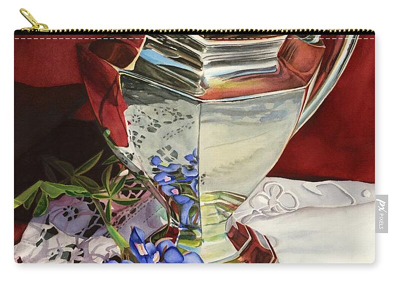 Silver Pitcher Zip Pouch featuring the painting Silver Pitcher and Bluebonnet by Hailey E Herrera
