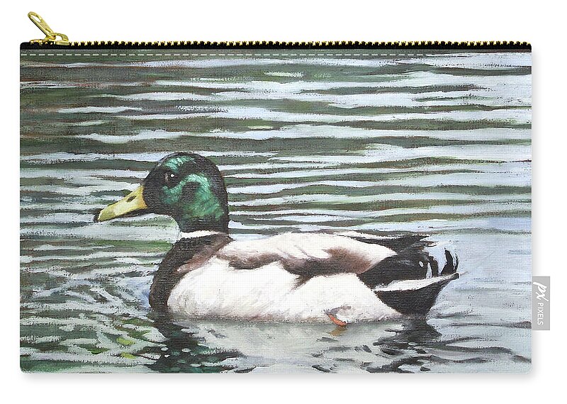 Mallard Zip Pouch featuring the painting Single mallard duck in water by Martin Davey