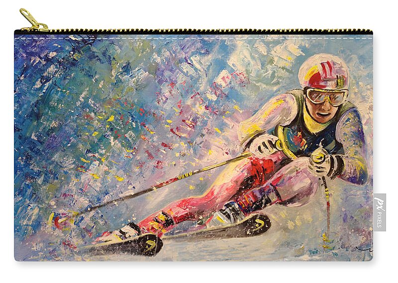 Sports Zip Pouch featuring the painting Skiing 08 by Miki De Goodaboom