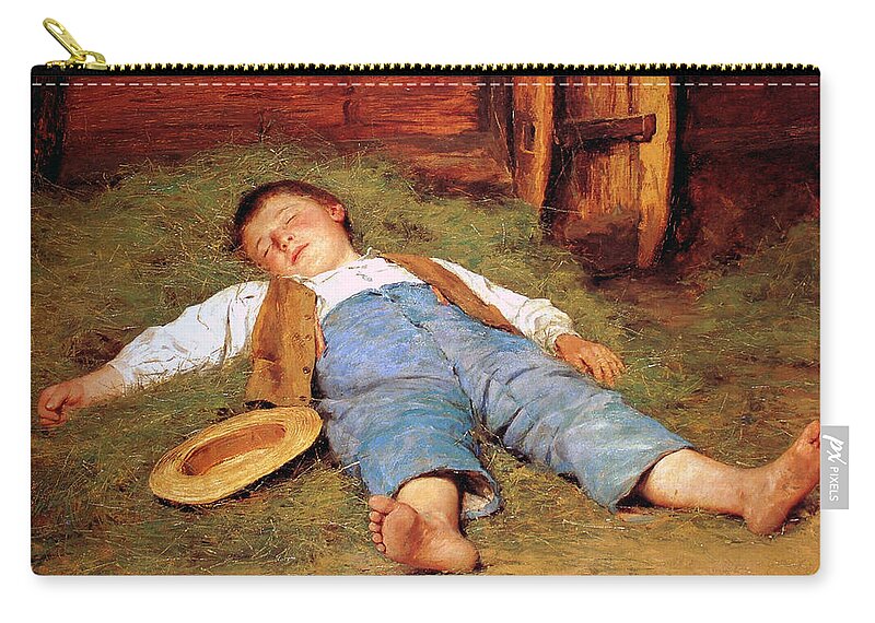 Albert Anker Zip Pouch featuring the painting Sleeping boy in the hay by Albert Anker