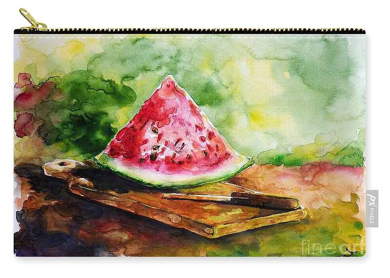Watermelon Zip Pouch featuring the painting Sliced Watermelon by Zaira Dzhaubaeva