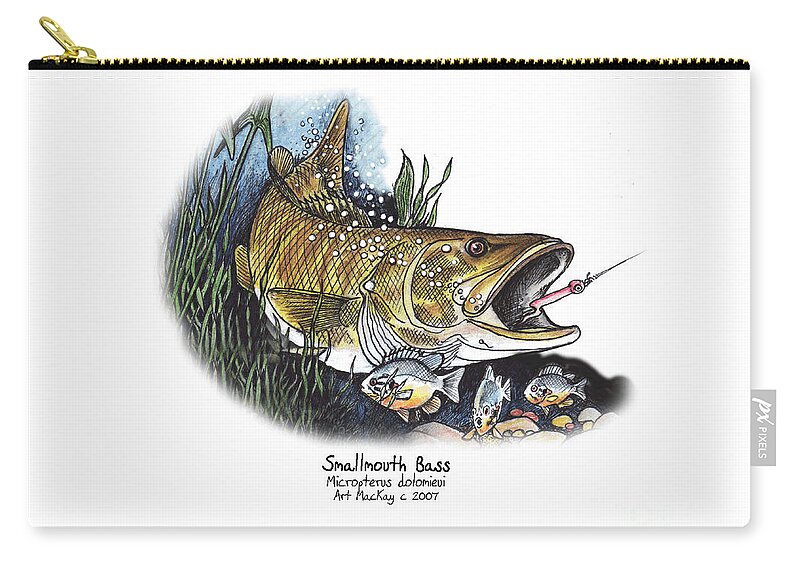 Fish Zip Pouch featuring the mixed media Smallmouth Bass by Art MacKay