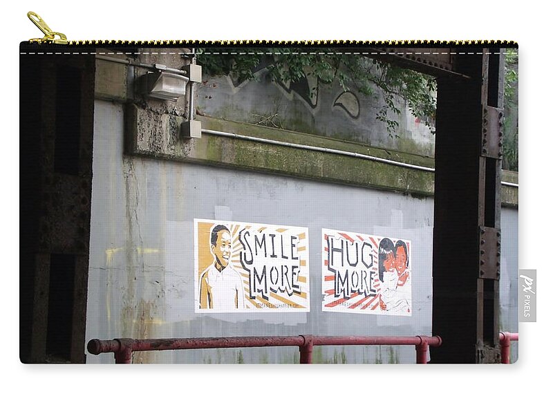 Wall Tag Zip Pouch featuring the photograph Smile More Hug More by Wendy Gertz