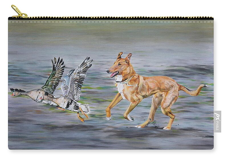 Dog Zip Pouch featuring the painting Smooth Collie Trying to Herd Geese by Michelle Miron-Rebbe