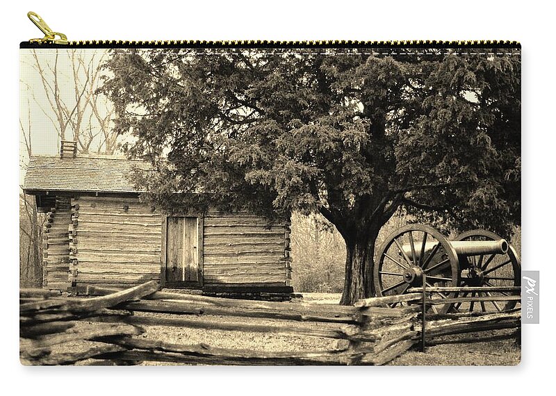 Log Cabin Zip Pouch featuring the photograph Snodgrass Cabin and Cannon by Daniel Thompson