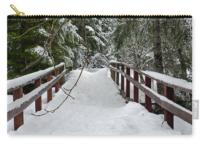 Kautz Creek Trail Bridge Zip Pouch featuring the photograph Snow Covered Bridge by Tikvah's Hope